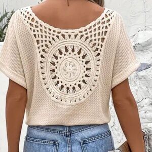 LNew V neck crochet panel short sleeve top